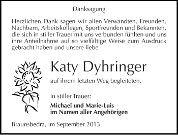 Traueranzeige von Katy Dyhringer von Mitteldeutsche Zeitung Merseburg/Querfurt