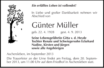 Traueranzeige von Günter Müller von Mitteldeutsche Zeitung Aschersleben