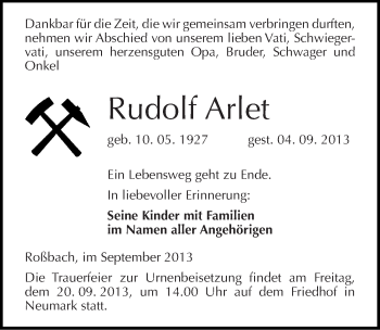 Traueranzeige von Rudolf Arlet von Mitteldeutsche Zeitung Merseburg/Querfurt