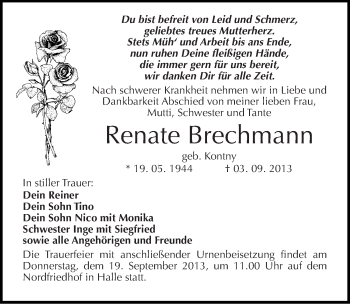Traueranzeige von Renate Brechmann von Mitteldeutsche Zeitung Halle/Saalkreis