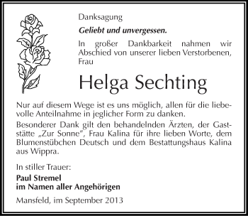 Traueranzeige von Helga Sechting von Mitteldeutsche Zeitung Mansfelder Land