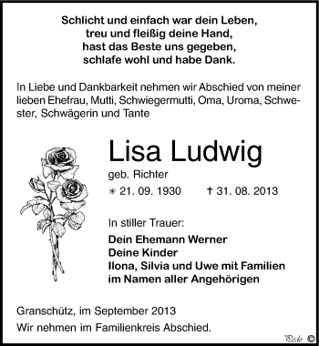 Traueranzeige von Lisa Ludwig von Mitteldeutsche Zeitung Weißenfels