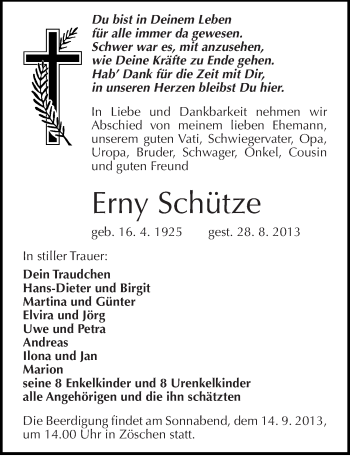 Traueranzeige von Erny Schütze von Mitteldeutsche Zeitung Merseburg/Querfurt