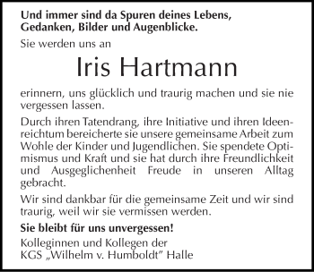Traueranzeige von Iris Hartmann von Mitteldeutsche Zeitung Halle/Saalkreis