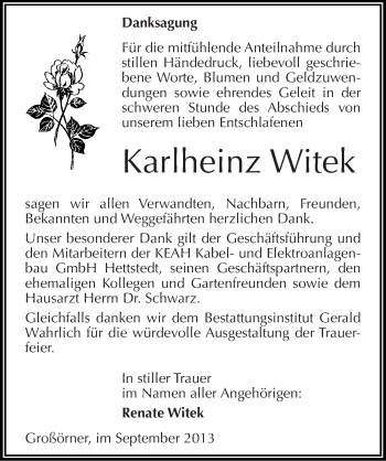 Traueranzeige von Karlheinz Witek von Mitteldeutsche Zeitung Mansfelder Land