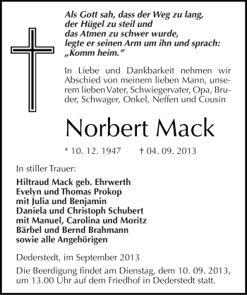 Traueranzeige von Norbert Mack von Mitteldeutsche Zeitung Mansfelder Land