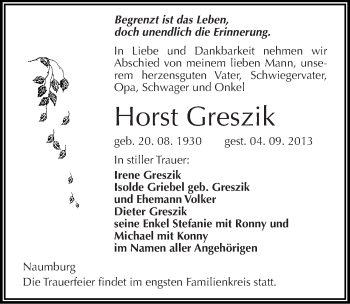 Traueranzeige von Horst Greszik von Mitteldeutsche Zeitung Naumburg/Nebra