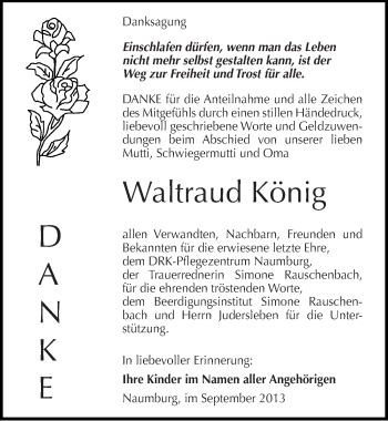 Traueranzeige von Waltraud König von Mitteldeutsche Zeitung Naumburg/Nebra