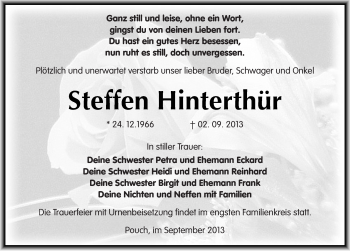 Traueranzeige von Steffen Hinterthür von Mitteldeutsche Zeitung Bitterfeld