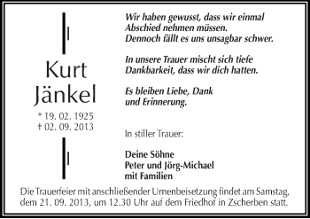Traueranzeige von Kurt Jänkel von Mitteldeutsche Zeitung Halle/Saalkreis