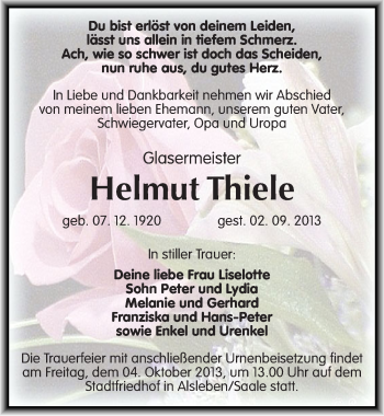 Traueranzeige von Helmut Thiele von Mitteldeutsche Zeitung