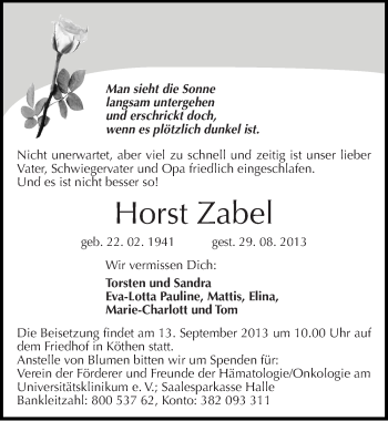 Traueranzeige von Horst Zabel von Mitteldeutsche Zeitung Köthen