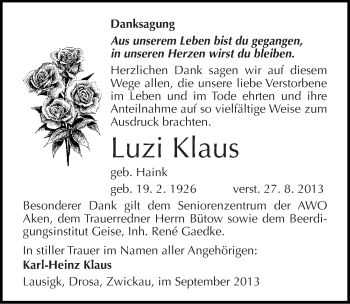 Traueranzeige von Luzi Klaus von Mitteldeutsche Zeitung Köthen