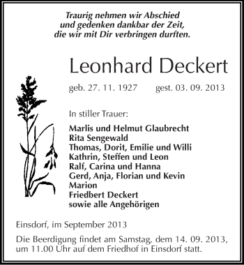Traueranzeige von Leonhard Deckert von Mitteldeutsche Zeitung Sangerhausen