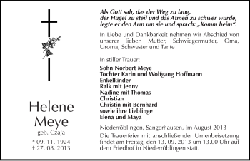 Traueranzeige von Helene Meye von Mitteldeutsche Zeitung Sangerhausen