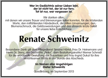 Traueranzeige von Renate Schweinitz von Mitteldeutsche Zeitung Quedlinburg
