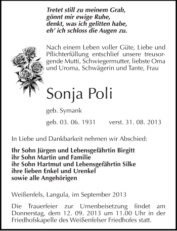 Traueranzeige von Sonja Poli von Mitteldeutsche Zeitung Weißenfels