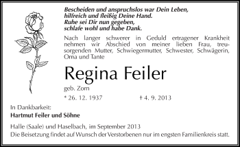 Traueranzeige von Regina Feiler von Mitteldeutsche Zeitung Halle/Saalkreis