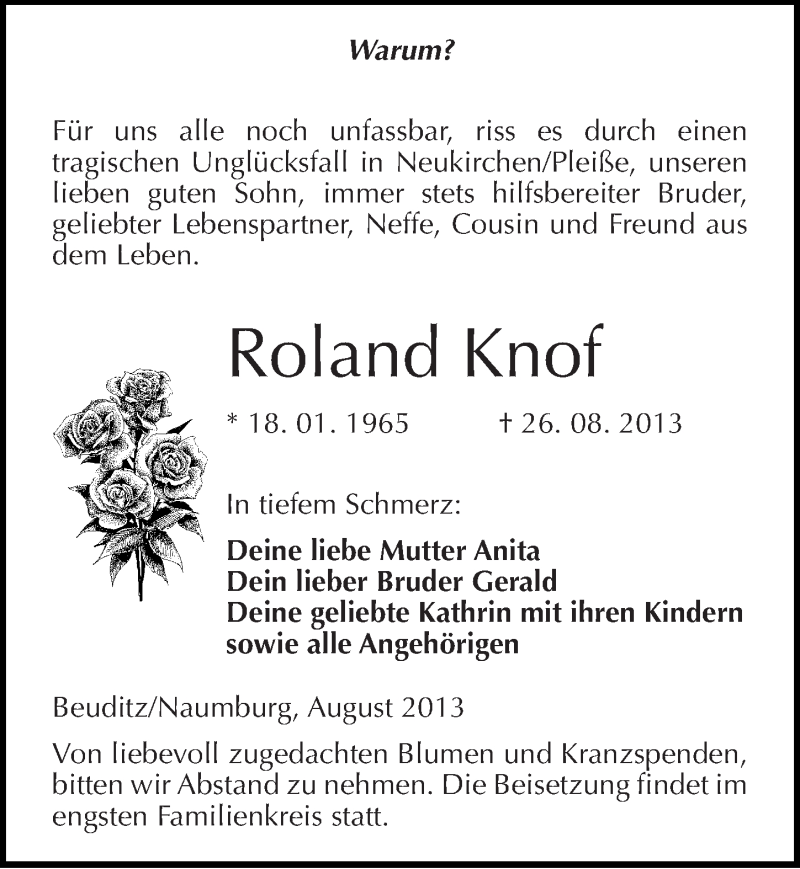  Traueranzeige für Roland Knof vom 07.09.2013 aus Mitteldeutsche Zeitung Naumburg/Nebra