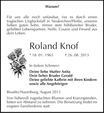 Traueranzeige von Roland Knof von Mitteldeutsche Zeitung Naumburg/Nebra