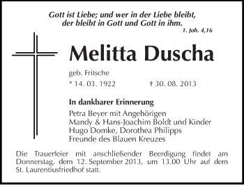 Traueranzeige von Melitta Duscha von Mitteldeutsche Zeitung Halle/Saalkreis