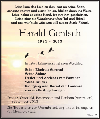 Traueranzeige von Harald Gentsch von Mitteldeutsche Zeitung Weißenfels