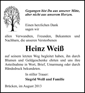 Traueranzeige von Heinz Weiß von Mitteldeutsche Zeitung Sangerhausen