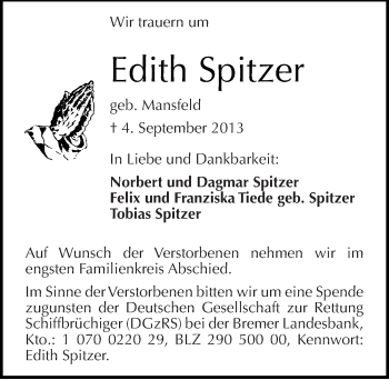 Traueranzeige von Edith Spitzer von Mitteldeutsche Zeitung Bernburg