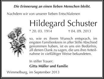 Traueranzeige von Hildegard Schuster von Mitteldeutsche Zeitung Mansfelder Land