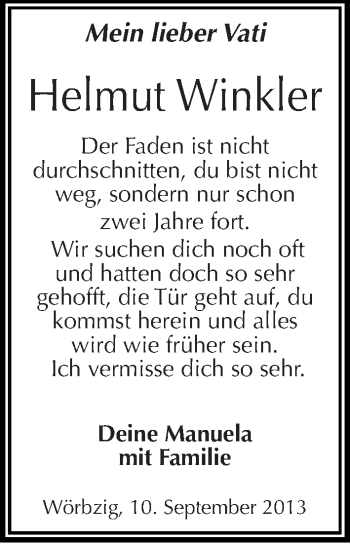 Traueranzeige von Helmut Winkler von Mitteldeutsche Zeitung Köthen