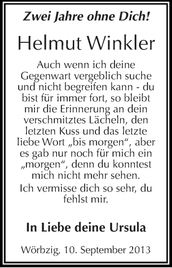 Traueranzeige von Helmut Winkler von Mitteldeutsche Zeitung Köthen
