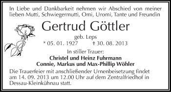 Traueranzeige von Gertrud Göttler von Mitteldeutsche Zeitung Dessau-Roßlau
