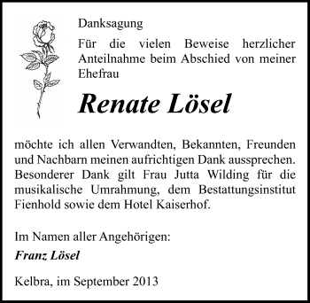 Traueranzeige von Renate Lösel von Mitteldeutsche Zeitung Sangerhausen