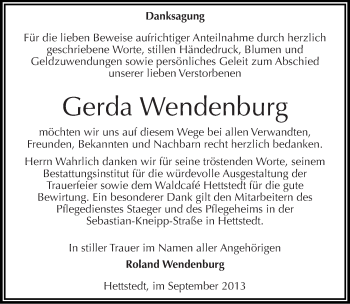 Traueranzeige von Gerda Wendenburg von Mitteldeutsche Zeitung Mansfelder Land