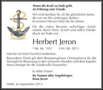 Traueranzeige von Herbert Jeron von Mitteldeutsche Zeitung Halle/Saalkreis
