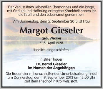 Traueranzeige von Margot Gieseler von Mitteldeutsche Zeitung Halle/Saalkreis