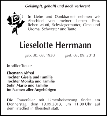 Traueranzeige von Lieselotte Herrmann von Mitteldeutsche Zeitung Bernburg