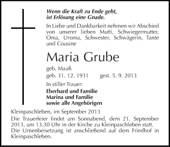 Traueranzeige von Maria Grube von Mitteldeutsche Zeitung Köthen