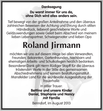 Traueranzeige von Roland Jirmann von Mitteldeutsche Zeitung Mansfelder Land