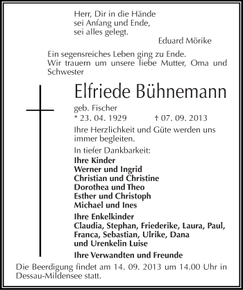 Traueranzeige von Elfriede Bühnemann von Mitteldeutsche Zeitung Dessau-Roßlau