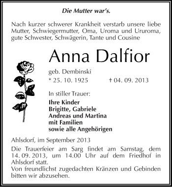 Traueranzeige von Anna Dalfior von Mitteldeutsche Zeitung Mansfelder Land