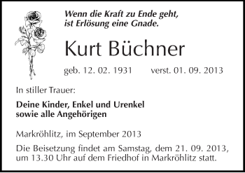 Traueranzeige von Kurt Büchner von Mitteldeutsche Zeitung Weißenfels