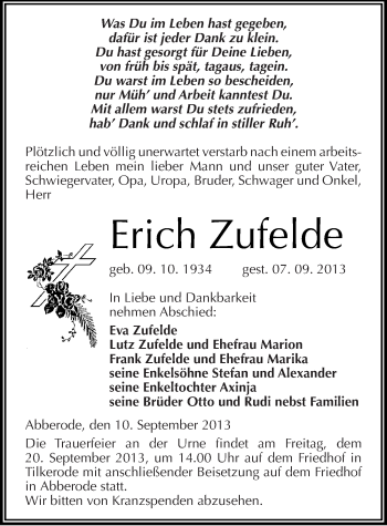 Traueranzeige von Erich Zufelde von Mitteldeutsche Zeitung Aschersleben