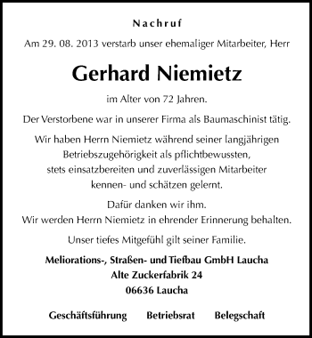 Traueranzeige von Gerhard Niemietz von Mitteldeutsche Zeitung Naumburg/Nebra