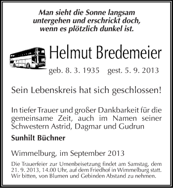 Traueranzeige von Helmut Bredemeier von Mitteldeutsche Zeitung Mansfelder Land