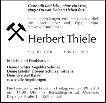 Traueranzeige von Herbert Thiele von Mitteldeutsche Zeitung Köthen