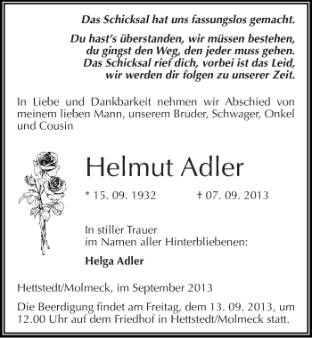 Traueranzeige von Helmut Adler von Mitteldeutsche Zeitung Mansfelder Land