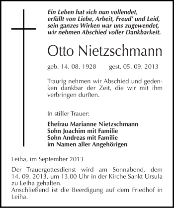 Traueranzeige von Otto Nietzschmann von Mitteldeutsche Zeitung Merseburg/Querfurt