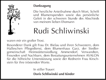 Traueranzeige von Rudi Schliwinski von Mitteldeutsche Zeitung Halle/Saalkreis