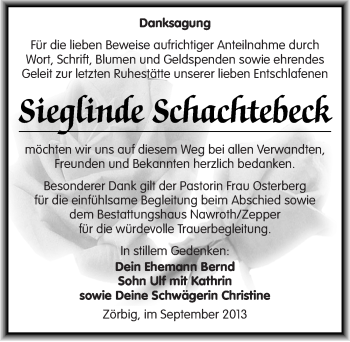 Traueranzeige von Sieglinde Schachtebeck von Mitteldeutsche Zeitung Bitterfeld
